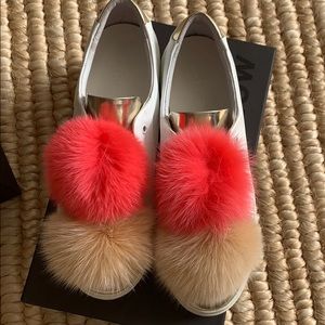 Here/Now white leather fashion sneakers fox fur 39